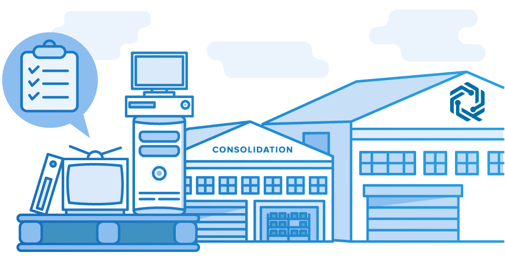 Illustration of electronics being consolidated at a processing facility